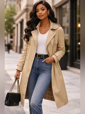 FENNELLI Trench Coat Sz‎ 16 Tan Plaid Classic Neutral Fall Staple Old Money